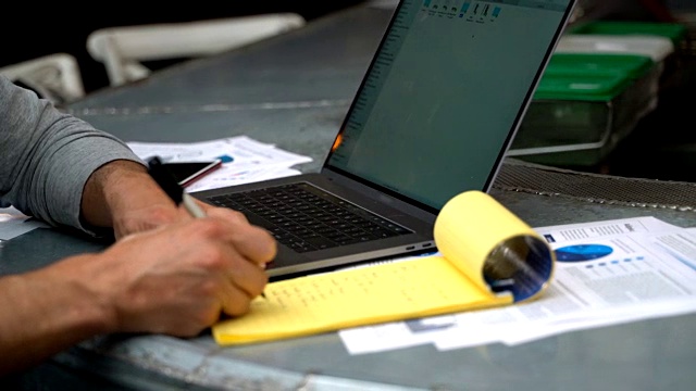 一个面目全非的企业主在他的餐厅里用笔记本电脑记账