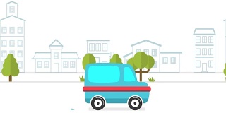 汽车动画背景的城市。二维动画。移动的城市背景。卡通车