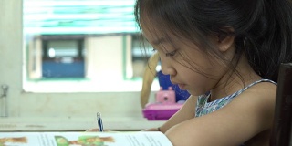 亚洲小女孩做作业，慢动作镜头