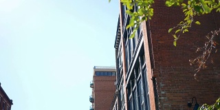 这是一个白天在市中心地区的砖砌办公大楼的拍摄