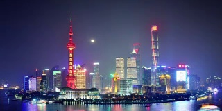 4K:中秋之夜上海城市天际线，中国