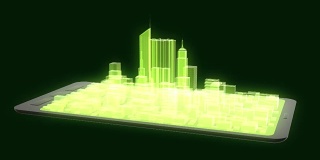 在屏幕上显示抽象未来城市全息图的技术装置。