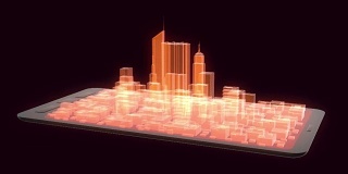 在屏幕上显示抽象未来城市全息图的技术装置。