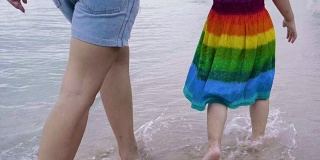 慢镜头:妈妈和她的小女儿在海边跑步