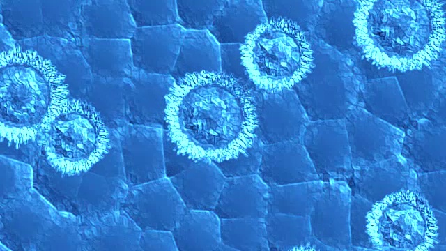 细菌、病毒、细胞在蓝色背景上流动的动画，医疗保健的概念研究