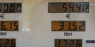 消费者在加油站的汽油价格上涨。加油站加油屏幕上的价格上涨，柴油的电子显示，加油更换汽油，价格和加仑计数器