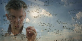 这是一个商人在玻璃上写商业用语的映像。