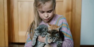小女孩在屋里和小猫玩