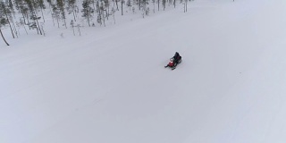 近距离观察在冬天下雪的山坡上驾驶雪地摩托的不认识的人