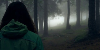 一个年轻女子在森林里徒步旅行的后视图