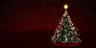 动画的一个发光装饰圣诞树与雪和红色的节日背景
