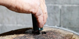 意大利传统——将自制葡萄酒倒入桶中——意大利南部