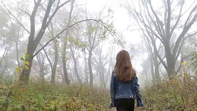 一个长头发的欧洲女孩，蓝色的夹克，黑色的裤子，运动鞋和蓝色的眼睛。一个吓坏了的小孩正在穿过雾蒙蒙的荒凉的森林。孤独。