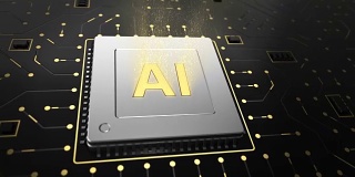 计算机芯片在电路背景上的3d渲染与AI符号。