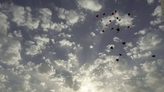 婚礼当天，许多气球在户外飞向天空视频素材模板下载