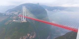 悬索桥鸟瞰图连接之间的山，g徽州，中国