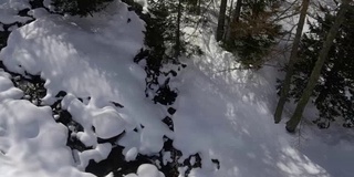 空中无人机飞行建立在积雪的阳光河溪和森林。冬天的雪在野外的山中自然。直接透视旅行探索阿尔卑斯山。4k俯视图视频