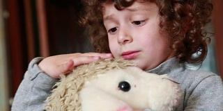 孩子抚摸着玩具羔羊