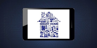 各种物联网智能家电图标，使家居形状在智能pad，移动。