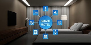 酒店、房屋卧室灯开、灯关、节能高效控制信息图标、智能家居控制、物联网。