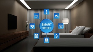 酒店、房屋卧室灯开、灯关、节能高效控制信息图标、智能家居控制、物联网。视频素材模板下载