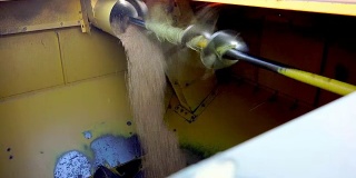 水稻收割机在容器中收集收割的谷物。索尼4 k拍摄