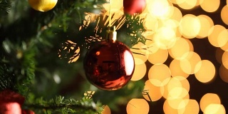 在圣诞树上装饰红球
