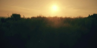 一个人沿着山间小径慢跑，在日落时可以看到大海