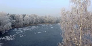 这是一架无人机在波兰拍摄的冬季背景，上面是白雪覆盖的森林和湖泊。