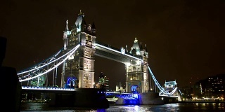 伦敦塔桥上宽阔的夜景塔和泰晤士河倒影，英国