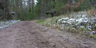 森林里结冰的肮脏道路的视频