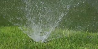 阳光明媚的日子里，草坪自动浇水系统洒水喷头的一个喷头的一个喷头的特写，慢动作