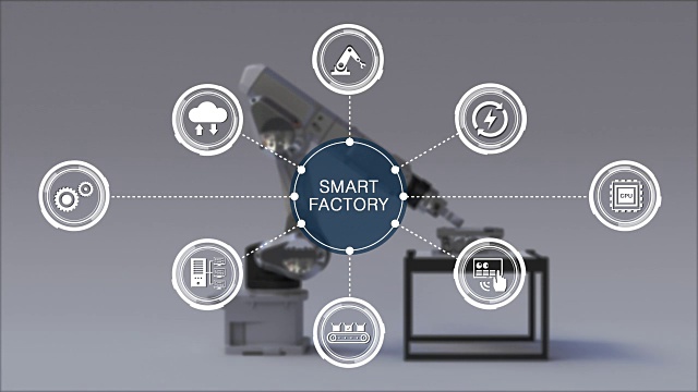 产品将在智能工厂中使用机器人手臂。周围的智能工厂信息图形图标。物联网。第四次工业革命。