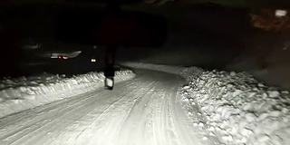 晚上在松树林里的雪路上开车，pov