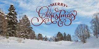 手写白色圣诞快乐动画书法字母文字在冬天下雪的自然背景为视频贺卡。快乐的感觉
