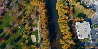 笔直向下沿博伊西河树木线在秋天的颜色