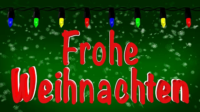 Frohe Weihnachten德国问候与圣诞灯和雪的背景