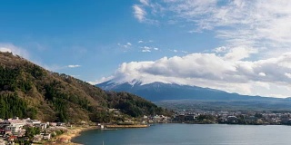 日本川口千子湖富士山云流的延时拍摄