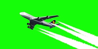 正在飞行的大型喷气式飞机的电脑效果图，带有绿色屏幕