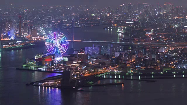 4K延时:大阪湾在美丽的夜晚与游乐园在美丽的日本