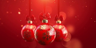 3d渲染三个红色装饰的圣诞球与蝴蝶结闪闪发光的背景无缝循环动画