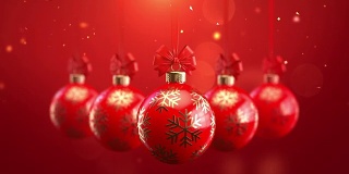 3d渲染五个红色装饰圣诞球与蝴蝶结闪闪发光的背景无缝循环的动画