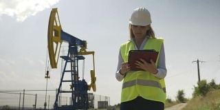 美丽的工程女性评估工作在她的数字平板在油田行业满意她的工作