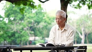亚洲老人独自在公园看书视频素材模板下载