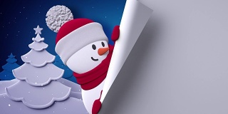 雪人看着墙，圣诞贺卡模板，假日背景3d插图
