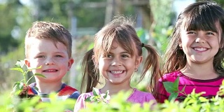四个多民族儿童在社区花园