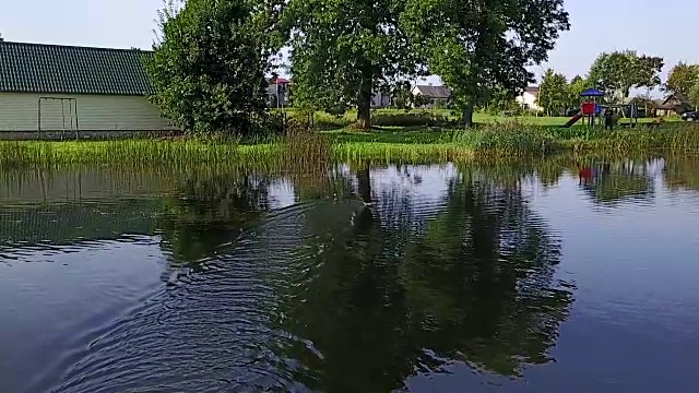 鸭子挥舞着翅膀疾跑，又坐回湖面上。航空摄影测量。慢动作