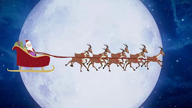 卡通圣诞老人带着驯鹿飞过月亮