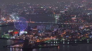 4K延时:大阪湾在美丽的夜晚与有趣的公园在美丽的日本，放大视频素材模板下载