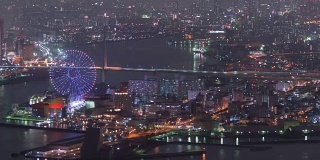 4K延时:大阪湾在美丽的夜晚与有趣的公园在美丽的日本，放大